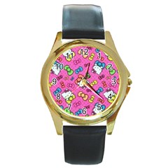 Hello Kitty, Cute, Pattern Round Gold Metal Watch by nateshop