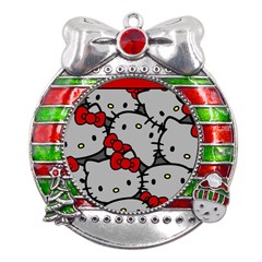 Hello Kitty, Pattern, Red Metal X mas Ribbon With Red Crystal Round Ornament by nateshop