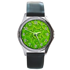 Lime Textures Macro, Tropical Fruits, Citrus Fruits, Green Lemon Texture Round Metal Watch