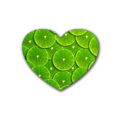 Lime Textures Macro, Tropical Fruits, Citrus Fruits, Green Lemon Texture Rubber Heart Coaster (4 Pack)