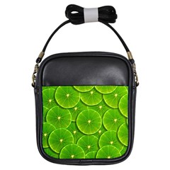 Lime Textures Macro, Tropical Fruits, Citrus Fruits, Green Lemon Texture Girls Sling Bag by nateshop