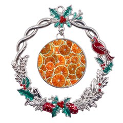 Oranges Patterns Tropical Fruits, Citrus Fruits Metal X mas Wreath Holly leaf Ornament