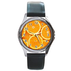 Oranges Textures, Close-up, Tropical Fruits, Citrus Fruits, Fruits Round Metal Watch by nateshop