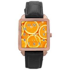 Oranges Textures, Close-up, Tropical Fruits, Citrus Fruits, Fruits Rose Gold Leather Watch 