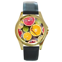 Oranges, Grapefruits, Lemons, Limes, Fruits Round Gold Metal Watch