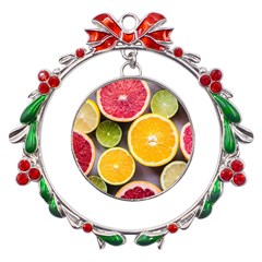 Oranges, Grapefruits, Lemons, Limes, Fruits Metal X mas Wreath Ribbon Ornament