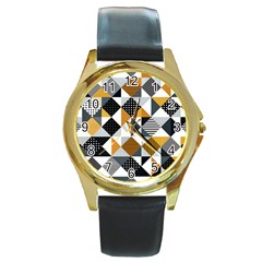 Pattern Tile Squares Triangles Seamless Geometry Round Gold Metal Watch