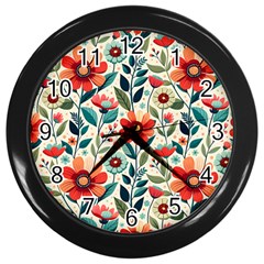 Flowers Flora Floral Background Pattern Nature Seamless Bloom Background Wallpaper Spring Wall Clock (black)