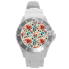 Flowers Flora Floral Background Pattern Nature Seamless Bloom Background Wallpaper Spring Round Plastic Sport Watch (l)