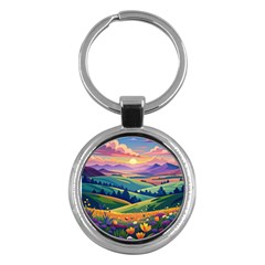 Field Valley Nature Meadows Flowers Dawn Landscape Key Chain (round) by Maspions