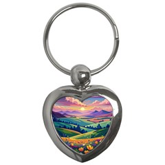 Field Valley Nature Meadows Flowers Dawn Landscape Key Chain (heart)