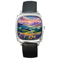 Field Valley Nature Meadows Flowers Dawn Landscape Square Metal Watch