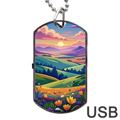 Field Valley Nature Meadows Flowers Dawn Landscape Dog Tag Usb Flash (two Sides) by Maspions