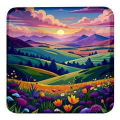 Field Valley Nature Meadows Flowers Dawn Landscape Square Glass Fridge Magnet (4 Pack)