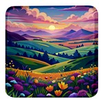 Field Valley Nature Meadows Flowers Dawn Landscape Square Glass Fridge Magnet (4 pack) Front