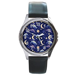 Night Moon Seamless Background Stars Sky Clouds Texture Pattern Round Metal Watch