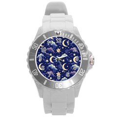 Night Moon Seamless Background Stars Sky Clouds Texture Pattern Round Plastic Sport Watch (l) by Maspions