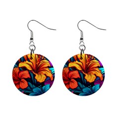 Hibiscus Flowers Colorful Vibrant Tropical Garden Bright Saturated Nature Mini Button Earrings