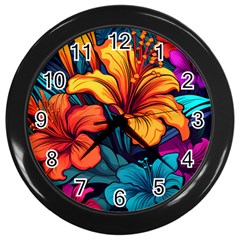 Hibiscus Flowers Colorful Vibrant Tropical Garden Bright Saturated Nature Wall Clock (black)