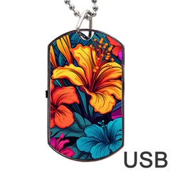 Hibiscus Flowers Colorful Vibrant Tropical Garden Bright Saturated Nature Dog Tag Usb Flash (two Sides) by Maspions