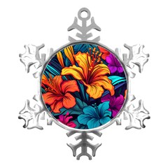 Hibiscus Flowers Colorful Vibrant Tropical Garden Bright Saturated Nature Metal Small Snowflake Ornament by Maspions