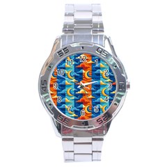 Clouds Stars Sky Moon Day And Night Background Wallpaper Stainless Steel Analogue Watch