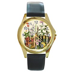 Books Flowers Book Flower Flora Floral Round Gold Metal Watch