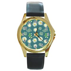 Drawing Flowers Meadow White Round Gold Metal Watch