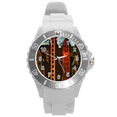 Sci-fi Futuristic Science Fiction City Neon Scene Artistic Technology Machine Fantasy Gothic Town Bu Round Plastic Sport Watch (l) by Posterlux