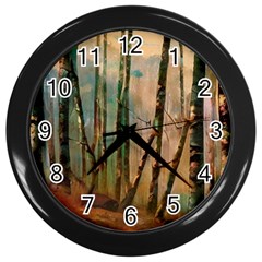 Woodland Woods Forest Trees Nature Outdoors Mist Moon Background Artwork Book Wall Clock (black) by Posterlux
