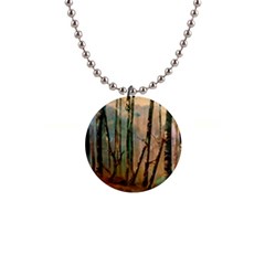 Woodland Woods Forest Trees Nature Outdoors Mist Moon Background Artwork Book 1  Button Necklace by Posterlux