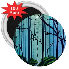 Nature Outdoors Night Trees Scene Forest Woods Light Moonlight Wilderness Stars 3  Magnets (100 Pack) by Posterlux