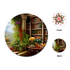 Room Interior Library Books Bookshelves Reading Literature Study Fiction Old Manor Book Nook Reading Playing Cards Single Design (round) by Posterlux