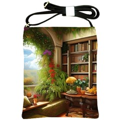 Room Interior Library Books Bookshelves Reading Literature Study Fiction Old Manor Book Nook Reading Shoulder Sling Bag by Posterlux