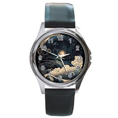 Starry Sky Moon Space Cosmic Galaxy Nature Art Clouds Art Nouveau Abstract Round Metal Watch by Posterlux