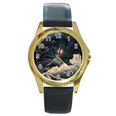 Starry Sky Moon Space Cosmic Galaxy Nature Art Clouds Art Nouveau Abstract Round Gold Metal Watch by Posterlux