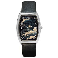 Starry Sky Moon Space Cosmic Galaxy Nature Art Clouds Art Nouveau Abstract Barrel Style Metal Watch by Posterlux