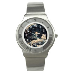 Starry Sky Moon Space Cosmic Galaxy Nature Art Clouds Art Nouveau Abstract Stainless Steel Watch by Posterlux