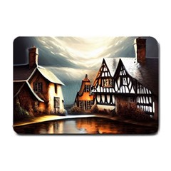 Village Reflections Snow Sky Dramatic Town House Cottages Pond Lake City Small Doormat by Posterlux