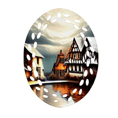 Village Reflections Snow Sky Dramatic Town House Cottages Pond Lake City Ornament (oval Filigree) by Posterlux