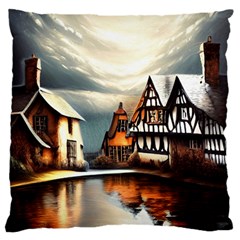 Village Reflections Snow Sky Dramatic Town House Cottages Pond Lake City Large Cushion Case (two Sides) by Posterlux