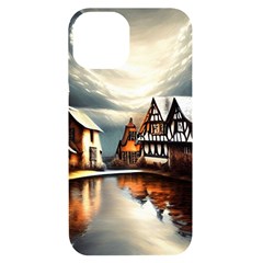 Village Reflections Snow Sky Dramatic Town House Cottages Pond Lake City Iphone 14 Black Uv Print Case by Posterlux