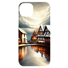 Village Reflections Snow Sky Dramatic Town House Cottages Pond Lake City Iphone 14 Plus Black Uv Print Case by Posterlux