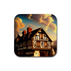 Village House Cottage Medieval Timber Tudor Split Timber Frame Architecture Town Twilight Chimney Rubber Coaster (square) by Posterlux