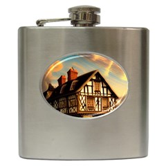 Village House Cottage Medieval Timber Tudor Split Timber Frame Architecture Town Twilight Chimney Hip Flask (6 Oz) by Posterlux