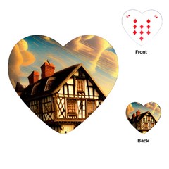 Village House Cottage Medieval Timber Tudor Split Timber Frame Architecture Town Twilight Chimney Playing Cards Single Design (heart) by Posterlux