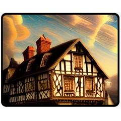 Village House Cottage Medieval Timber Tudor Split Timber Frame Architecture Town Twilight Chimney Fleece Blanket (medium) by Posterlux