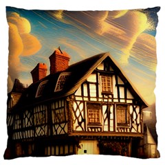 Village House Cottage Medieval Timber Tudor Split Timber Frame Architecture Town Twilight Chimney Large Cushion Case (two Sides) by Posterlux