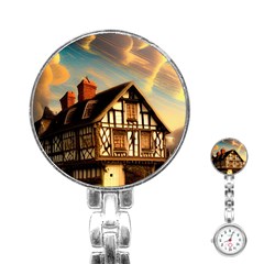 Village House Cottage Medieval Timber Tudor Split Timber Frame Architecture Town Twilight Chimney Stainless Steel Nurses Watch by Posterlux