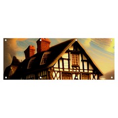 Village House Cottage Medieval Timber Tudor Split Timber Frame Architecture Town Twilight Chimney Banner And Sign 8  X 3  by Posterlux